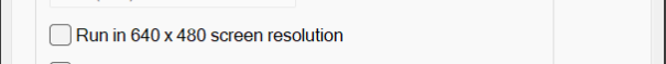 Windows compatibility settings showing the "Run in 640 x 480 screen resolution" checkbox