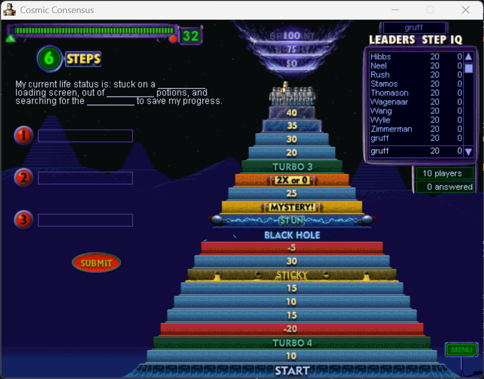 Blowout question over the Ziggurat pyramid, with three fill-in-the-blank slots